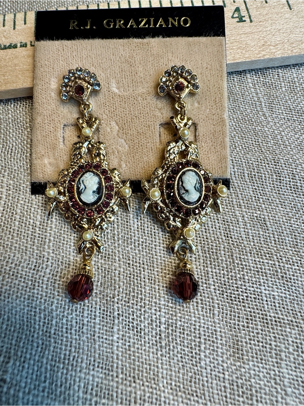 RJ Graziano Gold-Tone Cameo Drop Earrings with Red Rhinestones & Faux Pearls